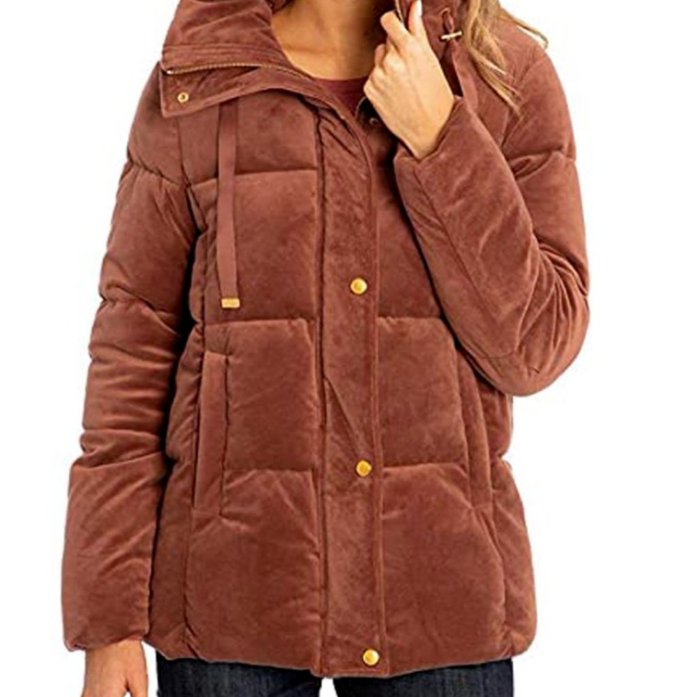 Velvet puffer puffy jacket, dusty rose pink brown mauve